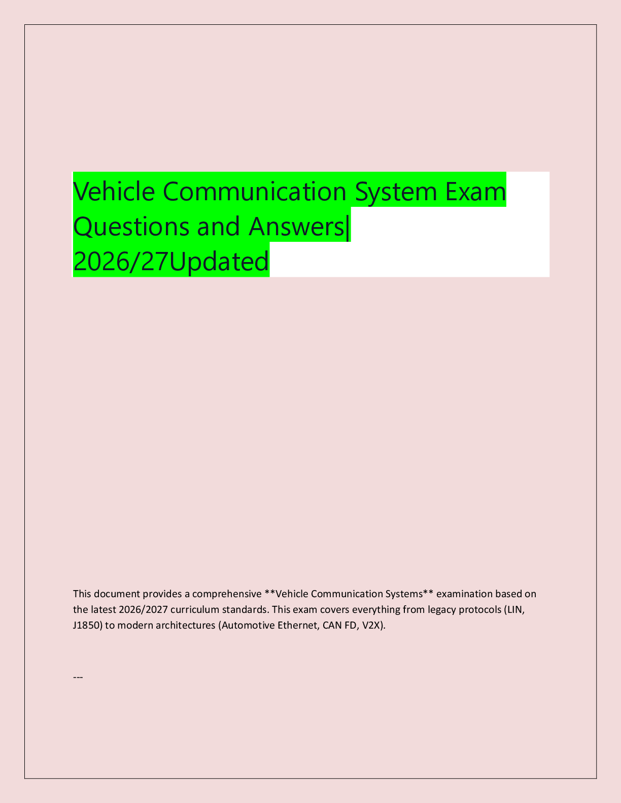 Recommended document preview for Vehicle Communication System Exam  Questions and Answers|  2026/27Updated
