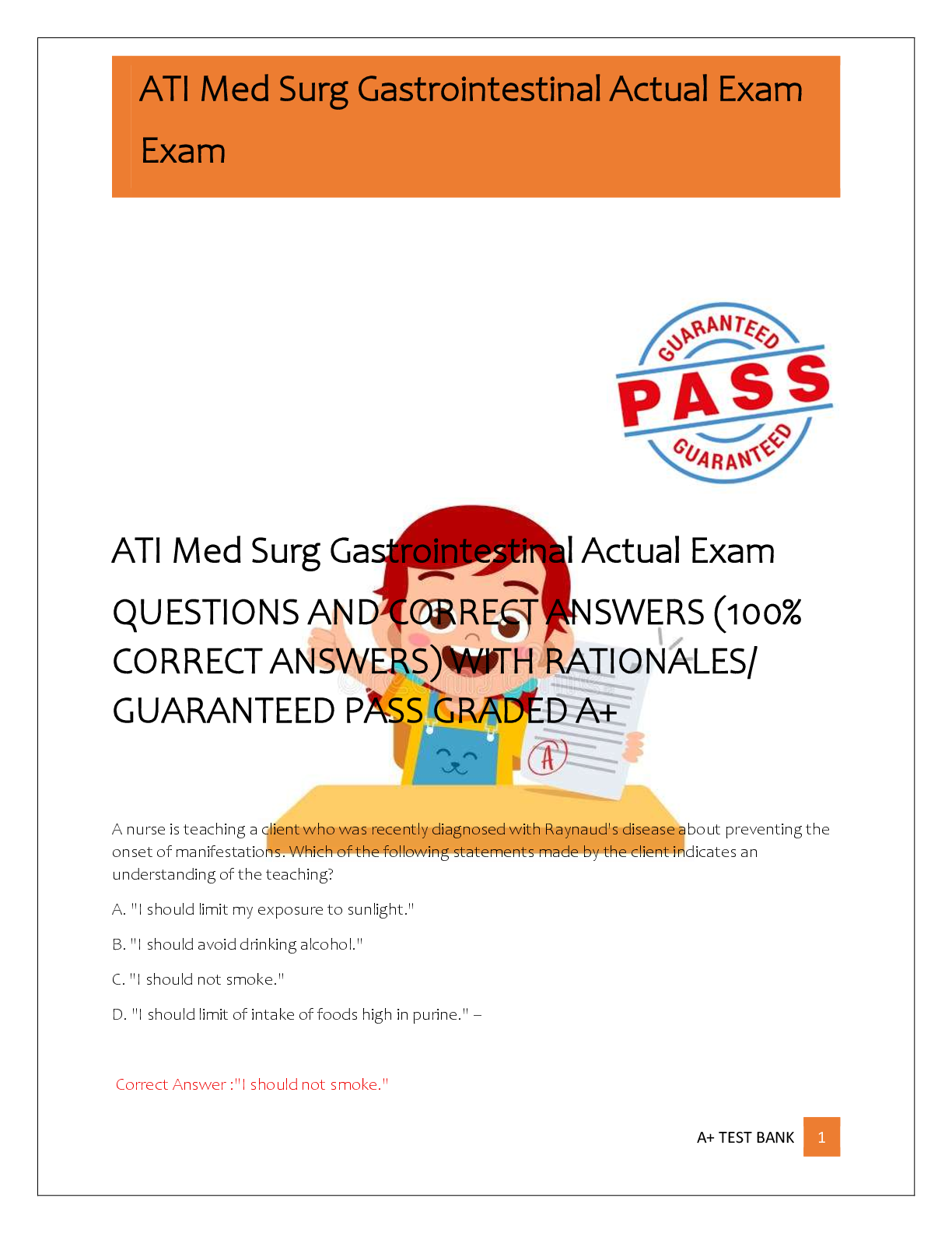 Preview of ATI Med Surg Gastrointestinal Actual Exam   QUESTIONS AND CORRECT ANSWERS (100%  CORRECT A
