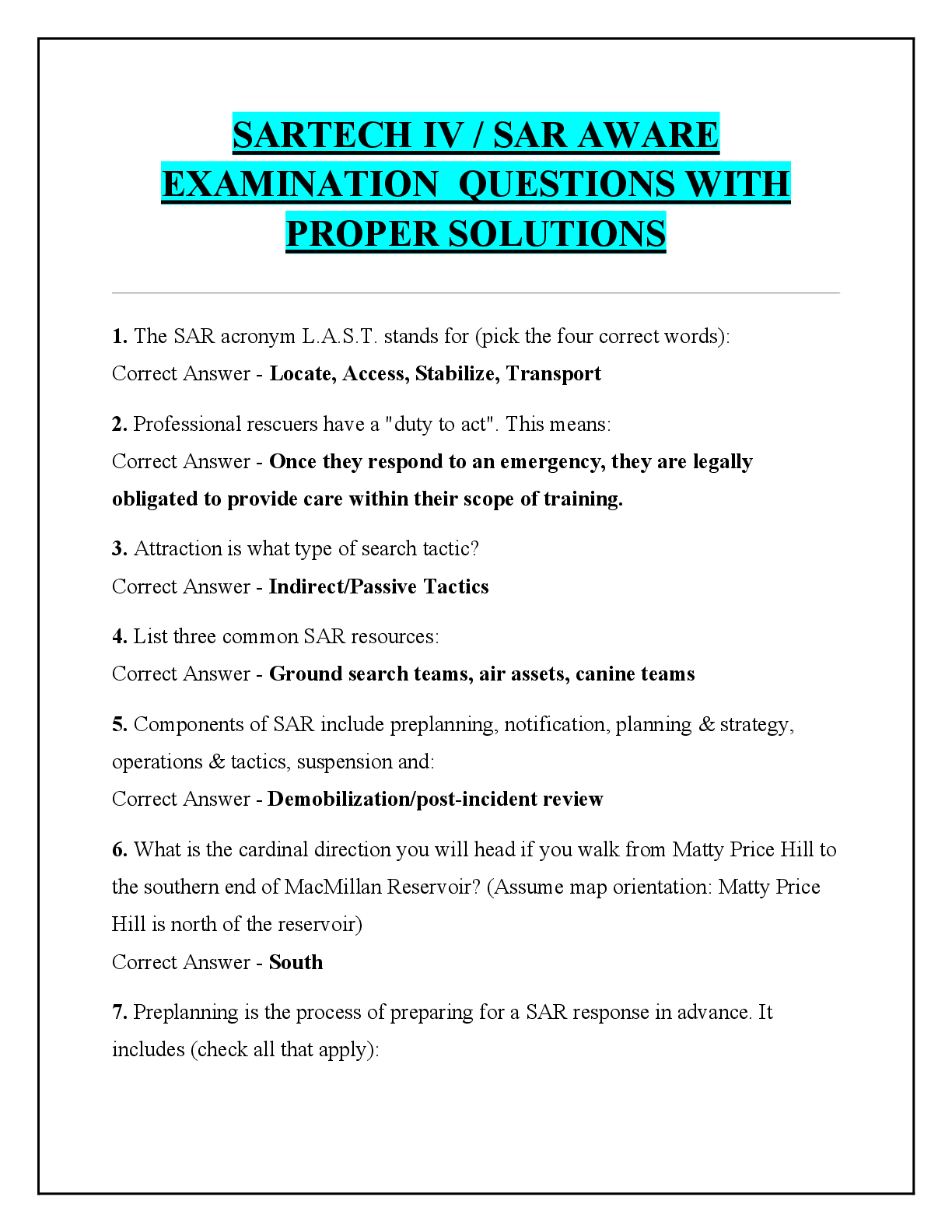Preview image for SARTECH IV / SAR AWARE  EXAMINATION  QUESTIONS WITH  PROPER SOLUTIONS