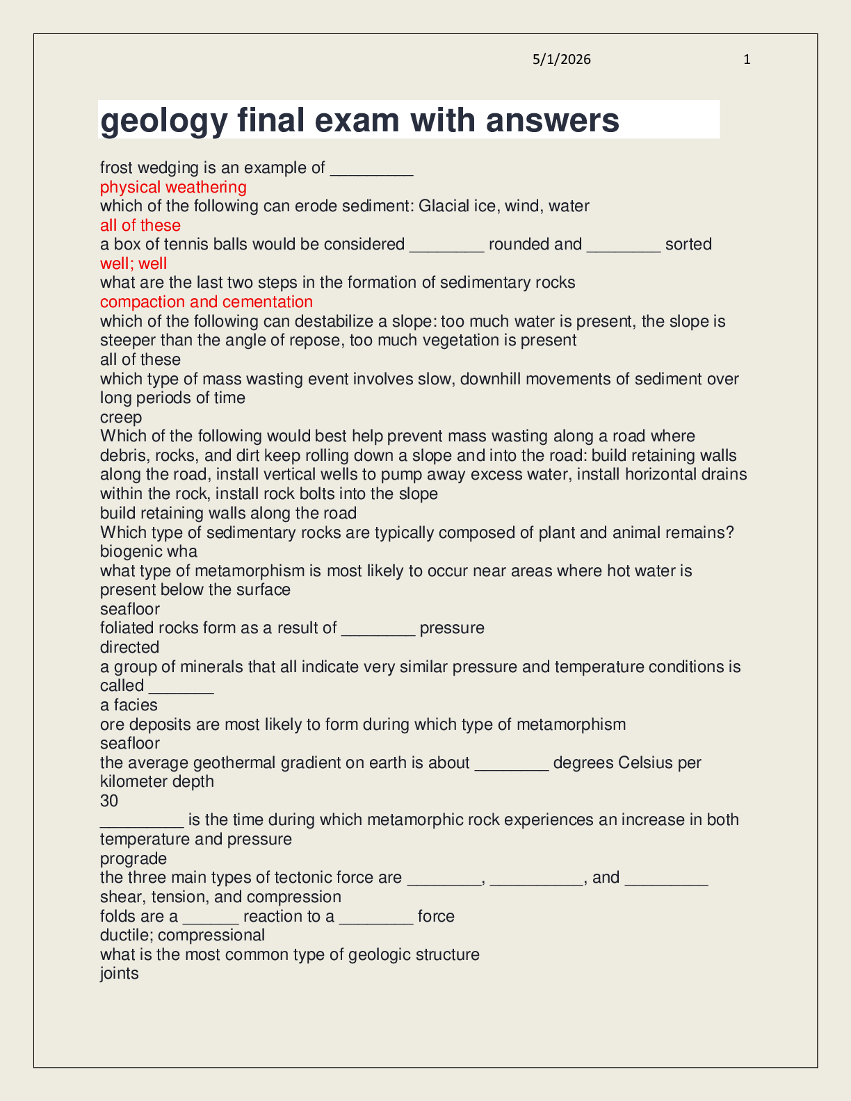Preview of geology final exam with answers