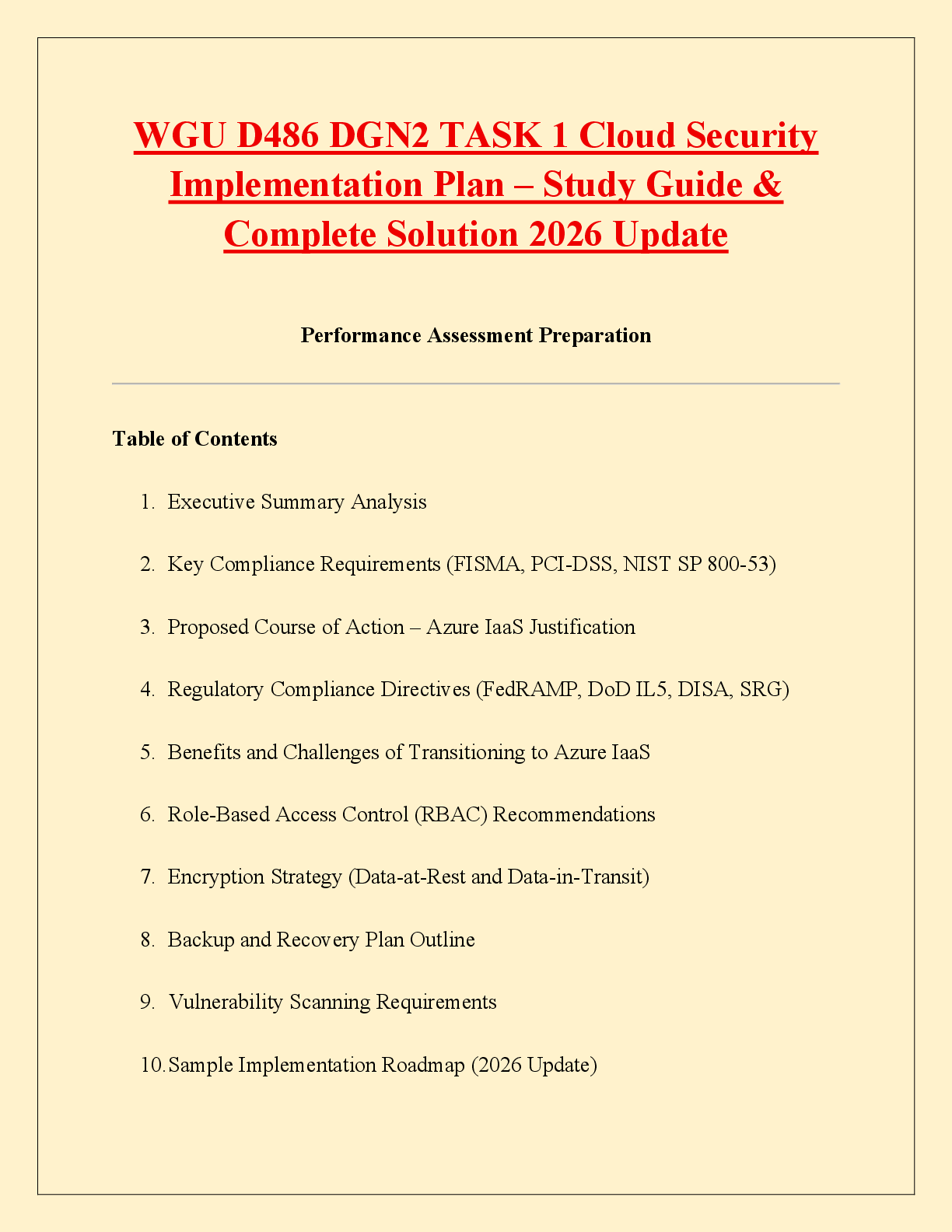 Preview image for WGU D486 DGN2 TASK 1 Cloud Security  Implementation Plan – Study Guide &  Complete Solution 2026 Update