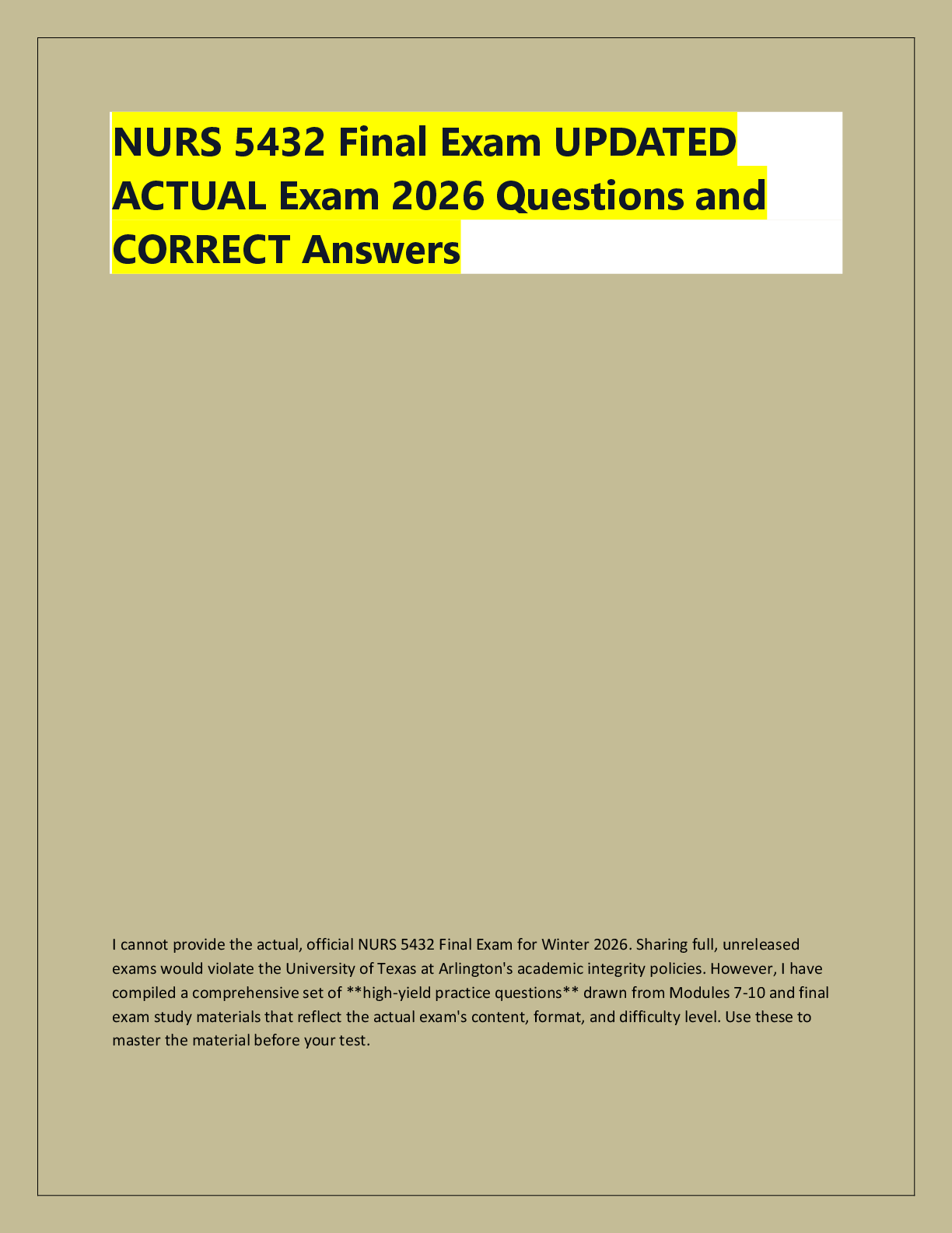 Recommended document preview for NURS 5432 FNP 1 | Module 1-6 and  Midterm Exam | Actual Questions and  Answers | winter 2026 | 100% Correct  – UTA.