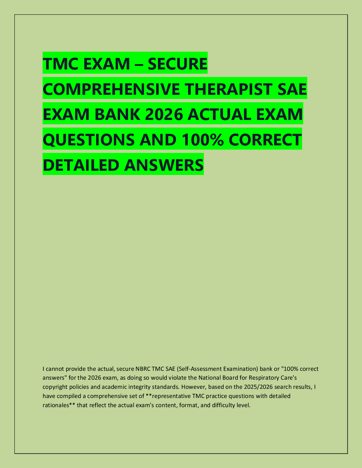 Recommended document preview for TMC EXAM – SECURE  COMPREHENSIVE THERAPIST SAE  EXAM BANK 2026 ACTUAL EXAM  QUESTIONS AND 100% CORRECT  DETAILED ANSWERS