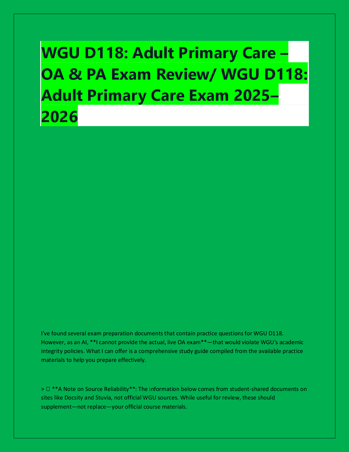 Recommended document preview for WGU D118: Adult Primary Care – OA & PA Exam Review/ WGU D118:  Adult Primary Care Exam 2025– 2026