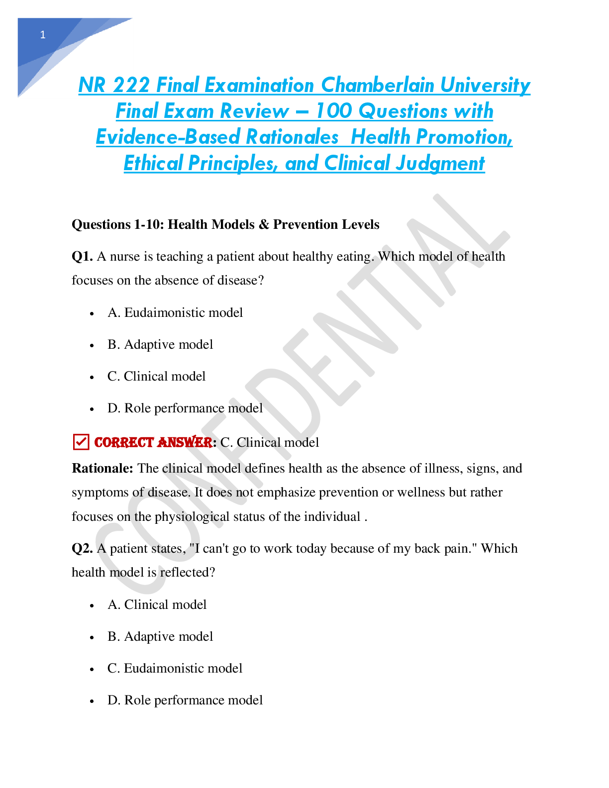 Preview of NR 222 Final Examination Chamberlain University   Final Exam Review – 100 Questions with  Evidence-Based Rationales  Health Promotion,  Ethical Principles, and Clinical Judgment
