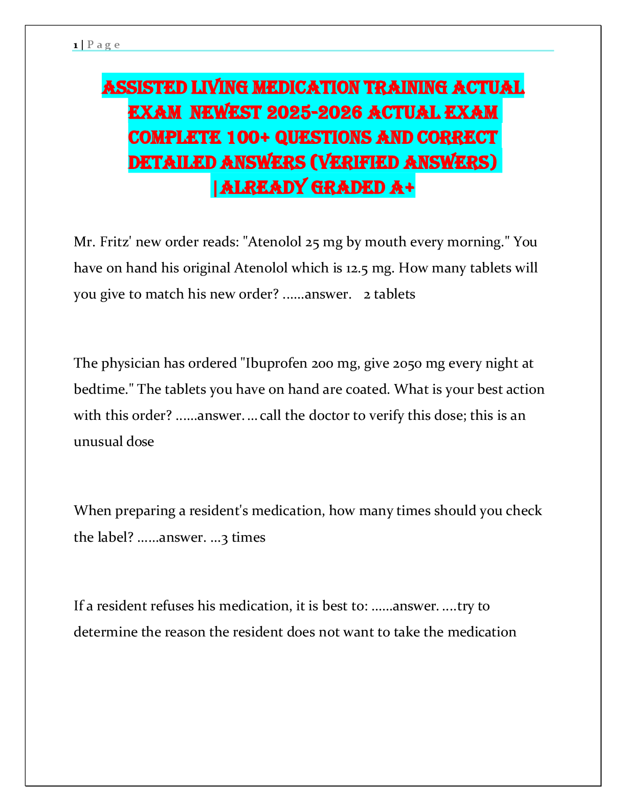 Preview image for ASSISTED LIVING MEDICATION TRAINING ACTUAL  EXAM Newest 2025-2026 Actual Exam  Complete 100+ Questions And Correct  Detailed Answers (Verified Answers)  |Already Graded A+