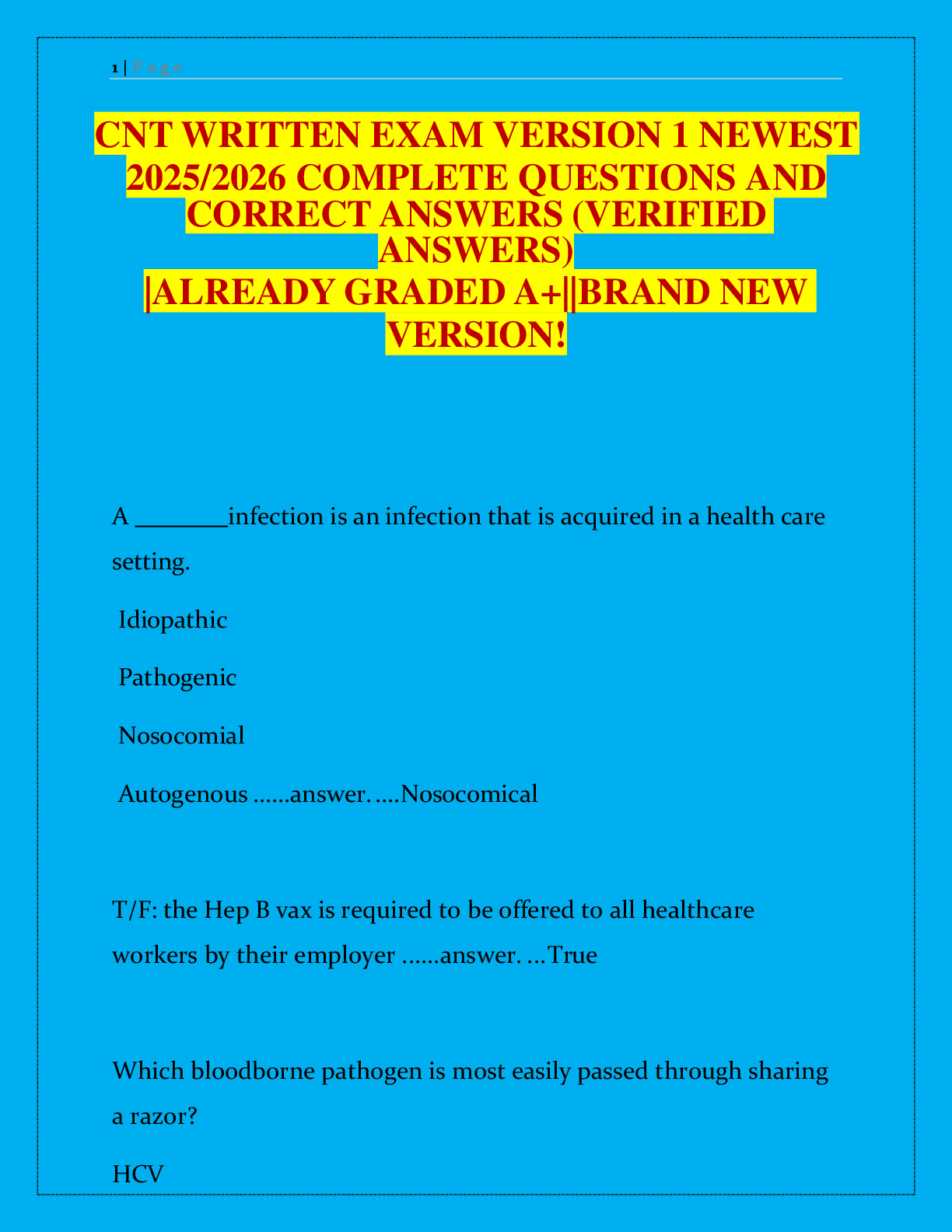Preview of CNT WRITTEN EXAM VERSION 1 NEWEST  2025/2026 COMPLETE QUESTIONS AND  CORRECT ANSWERS (VERIFIED  ANSWERS)  |ALREADY GRADED A+||BRAND NEW  VERSION!