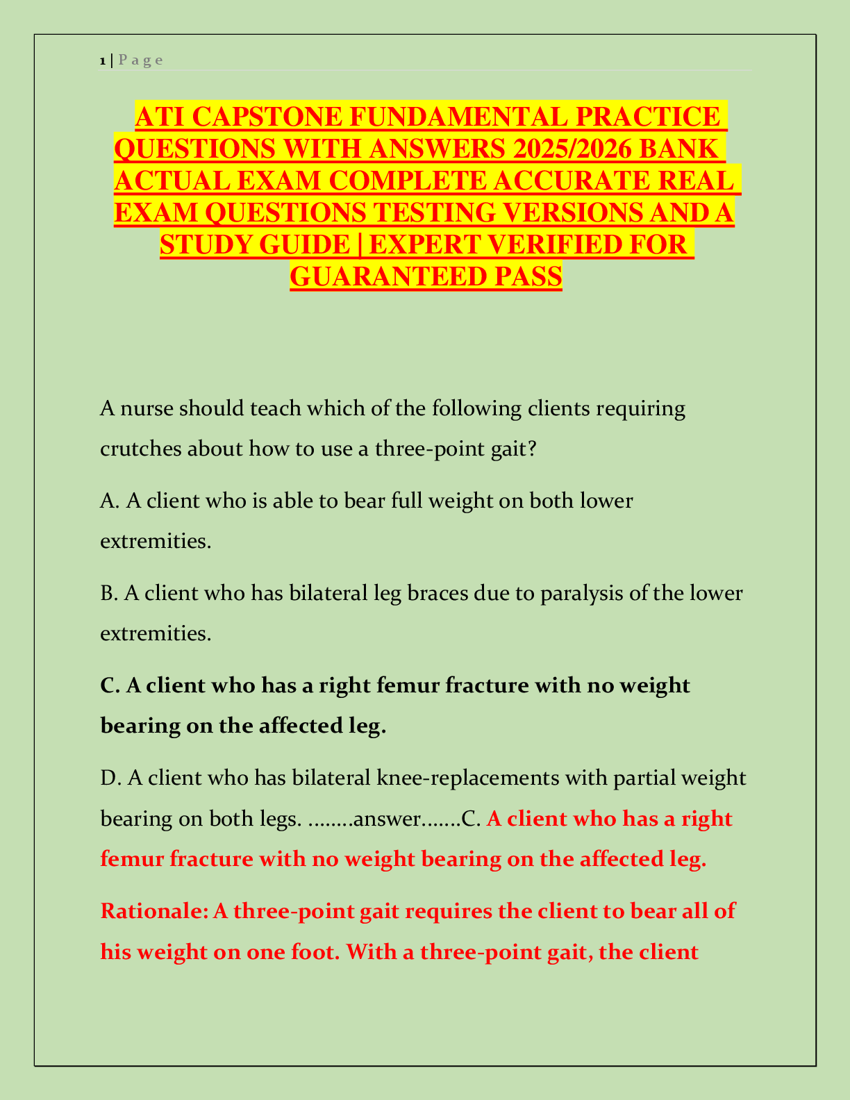 Recommended document preview for ATI CAPSTONE FUNDAMENTAL PRACTICE  QUESTIONS WITH ANSWERS 2025/2026 BANK  ACTUAL EXAM COMPLETE ACCURATE REAL  EXAM QUESTIONS TESTING VERSIONS AND A  STUDY GUIDE | EXPERT VERIFIED FOR  GUARANTEED PASS