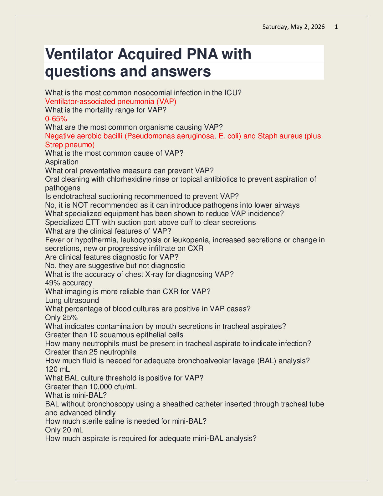 Recommended document preview for Ventilator Acquired PNA with questions and answers