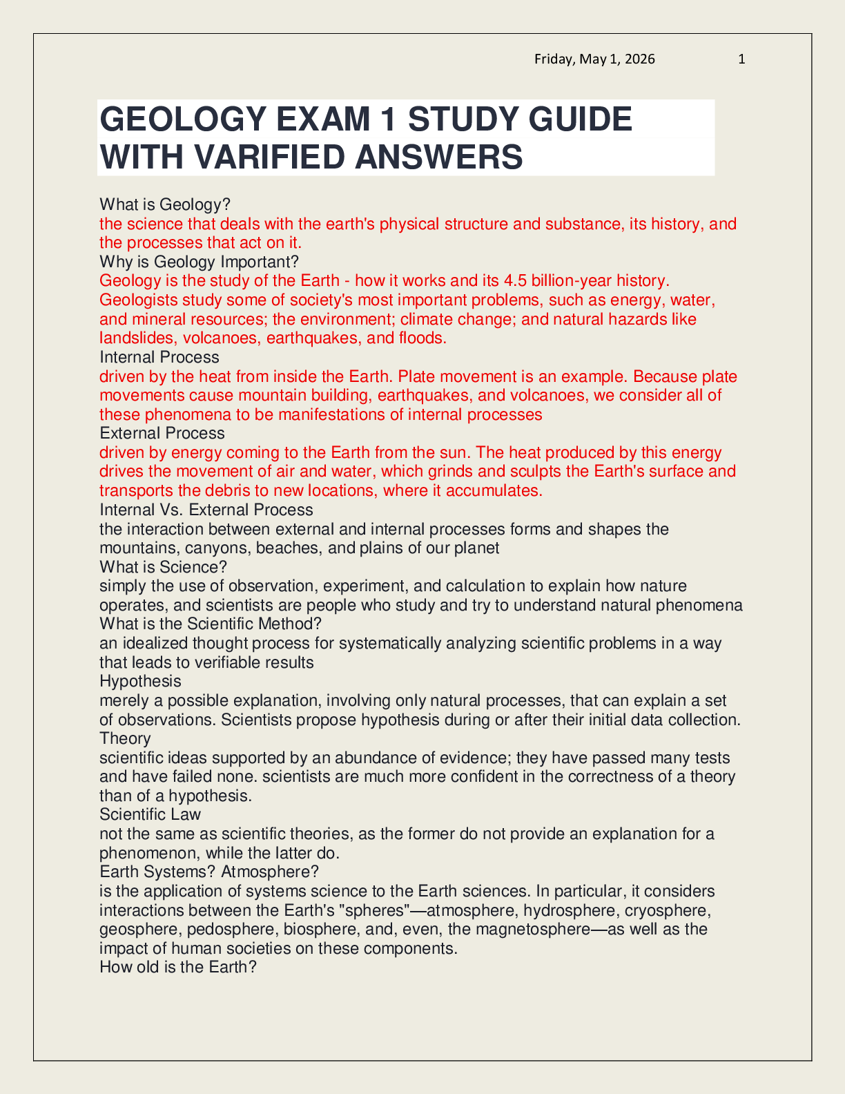 Preview of GEOLOGY EXAM 1 STUDY GUIDE WITH VARIFIED ANSWERS