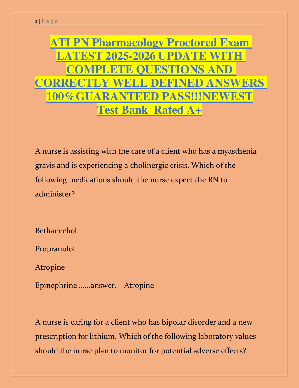 Preview of ATI PN Pharmacology Proctored Exam  LATEST 2025-2026 UPDATE WITH  COMPLETE QUESTIONS AND  CORRECTLY WELL DEFINED ANSWERS  100%GUARANTEED PASS!!!NEWEST  Test Bank  Rated A+