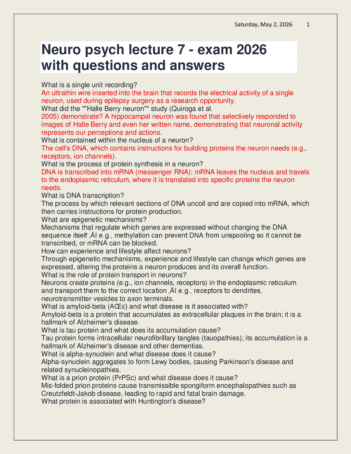 Recommended document preview for Neuro psych lecture 7 - exam 2026 with questions and answers