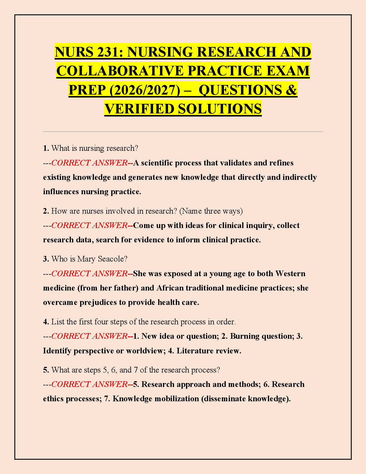 Preview of NURS 231: NURSING RESEARCH AND  COLLABORATIVE PRACTICE EXAM  PREP (2026/2027) –  QUESTIONS &  VERIFIED SOLUTIONS