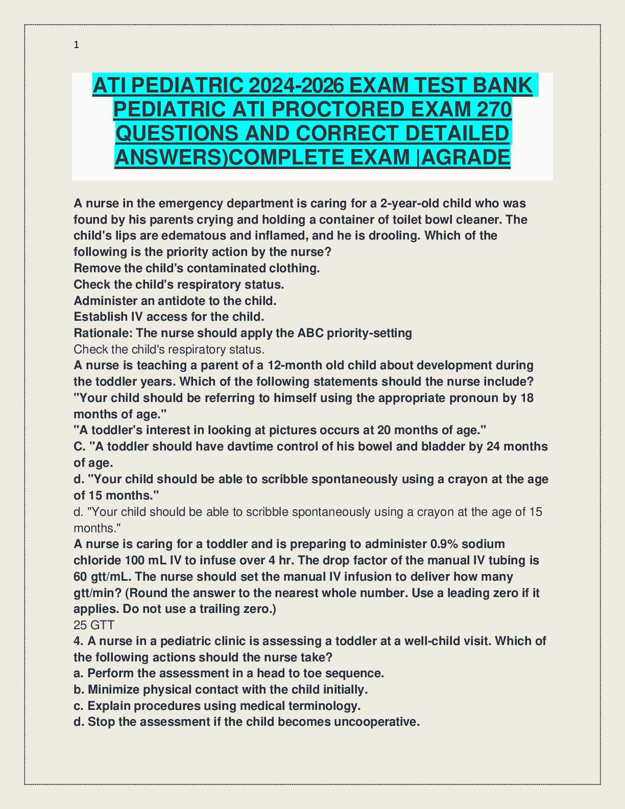 Preview image for ATI PEDIATRIC 2024-2026 EXAM TEST BANK  PEDIATRIC ATI PROCTORED EXAM 270  QUESTIONS AND CORRECT DETAILED  ANSWERS)COMPLETE EXAM |AGRADE