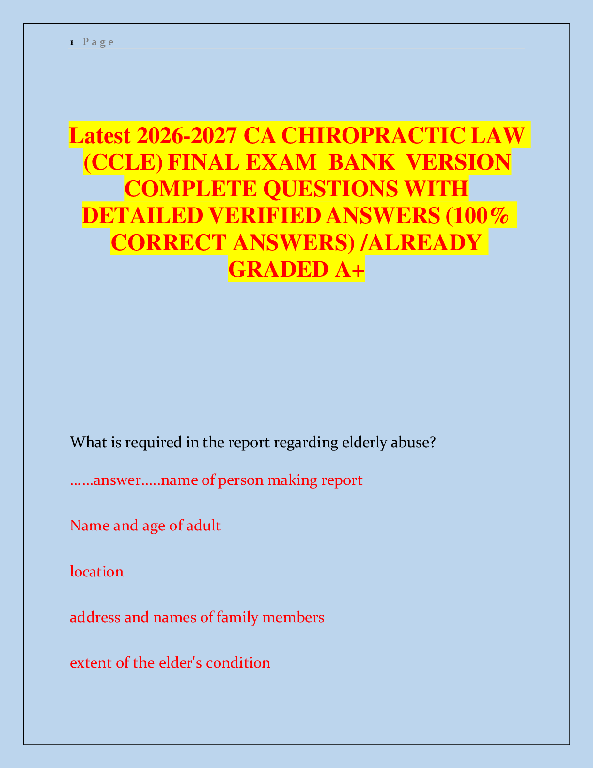 Preview image for Latest 2026-2027 CA CHIROPRACTIC LAW  (CCLE) FINAL EXAM  BANK VERSION  COMPLETE QUESTIONS WITH  DETAILED VERIFIED ANSWERS (100%  CORRECT ANSWERS) /ALREADY  GRADED A+