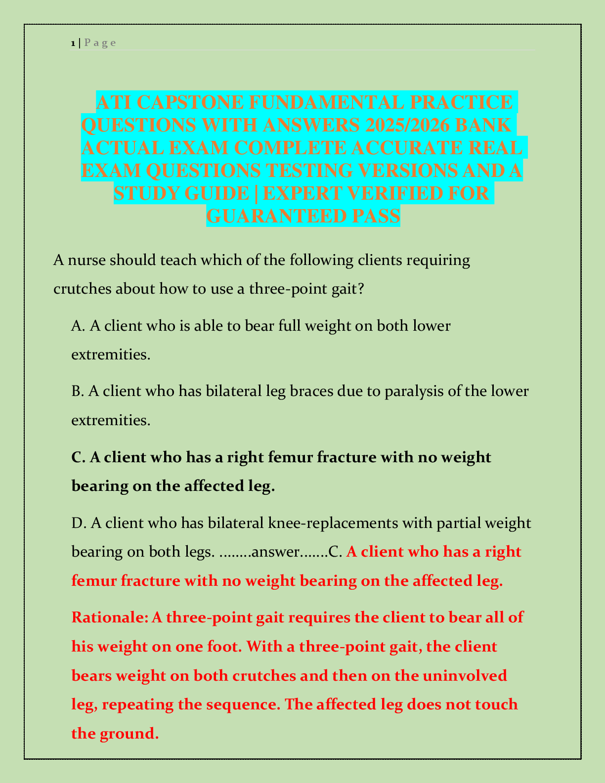 Recommended document preview for ATI CAPSTONE FUNDAMENTAL PRACTICE  QUESTIONS WITH ANSWERS 2025/2026 BANK  ACTUAL EXAM COMPLETE ACCURATE REAL  EXAM QUESTIONS TESTING VERSIONS AND A  STUDY GUIDE | EXPERT VERIFIED FOR  GUARANTEED PASS