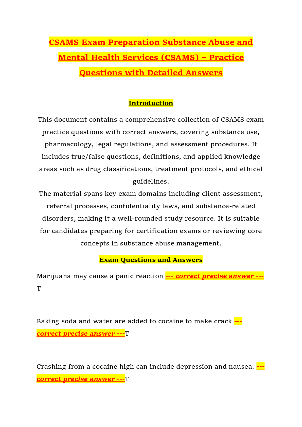 Preview of CSAMS Exam Preparation Substance Abuse and Mental Health Services (CSAMS) – Practice Questions with Detailed Answers