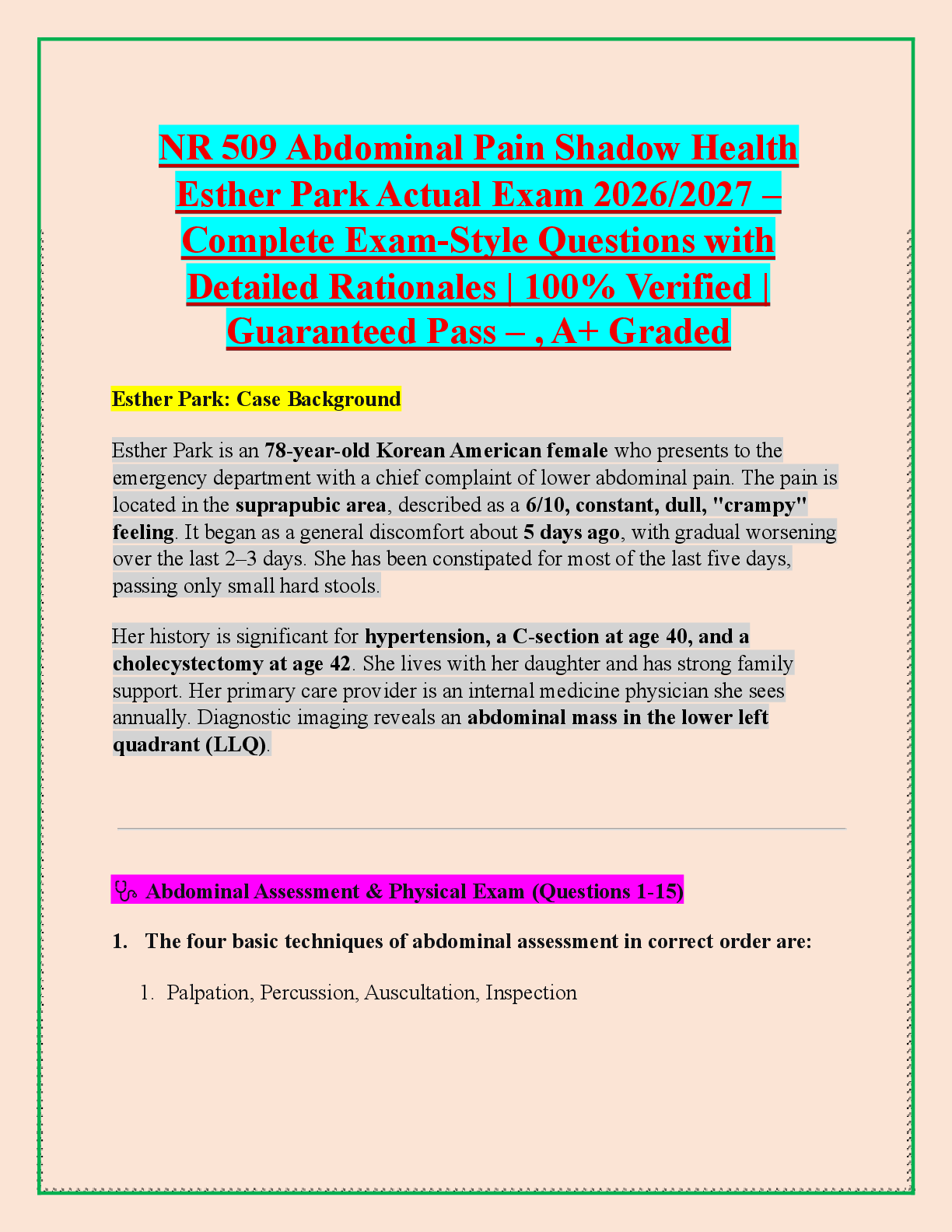 Preview of NR 509 Abdominal Pain Shadow Health  Esther Park Actual Exam 2026/2027 –  Complete Exam-Style Questions with  Detailed Rationales | 100% Verified |  Guaranteed Pass – , A+ Graded