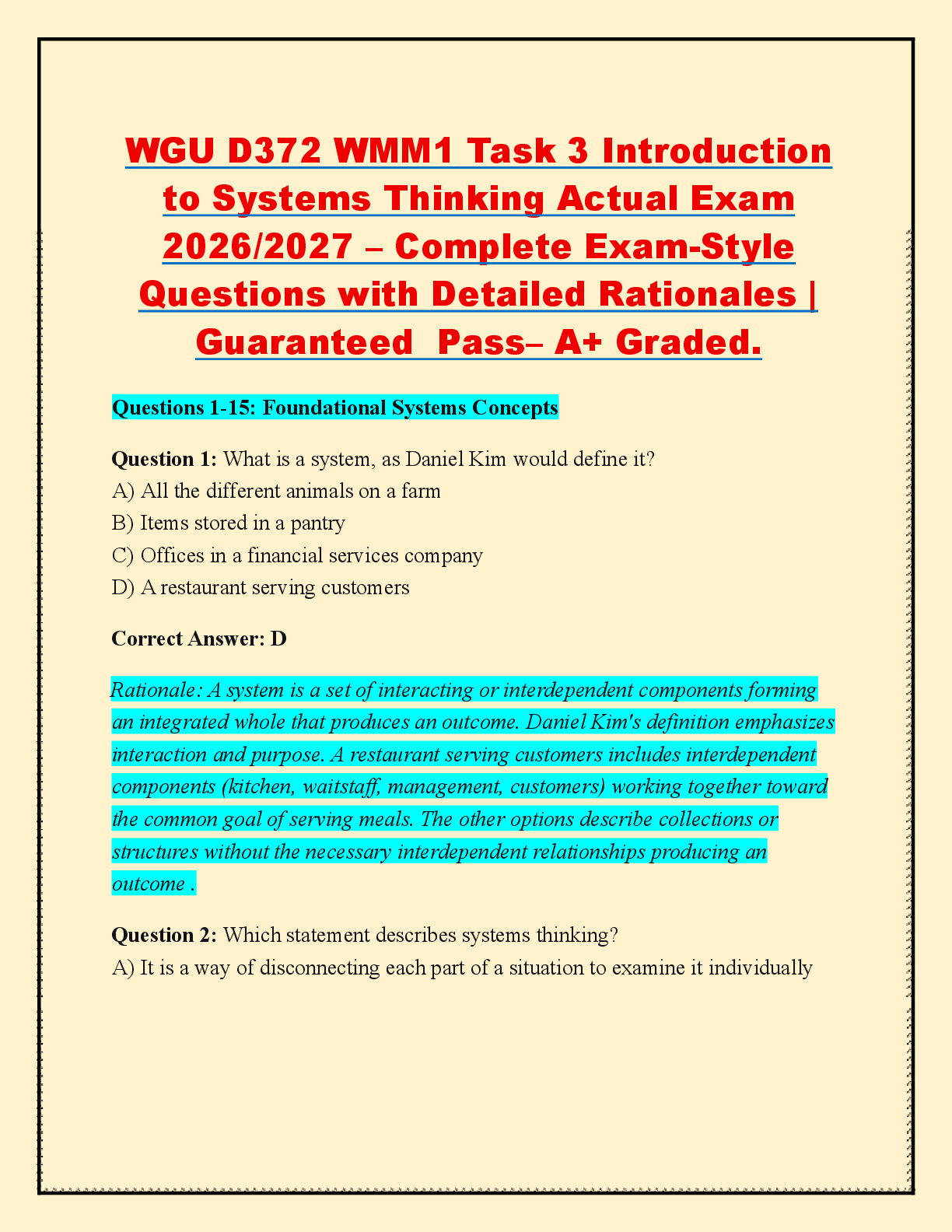 Preview of WGU D372 WMM1 Task 3 Introduction  to Systems Thinking Actual Exam  2026/2027 – Complete Exam-Style  Questions with Detailed Rationales |  Guaranteed  Pass– A+ Graded.