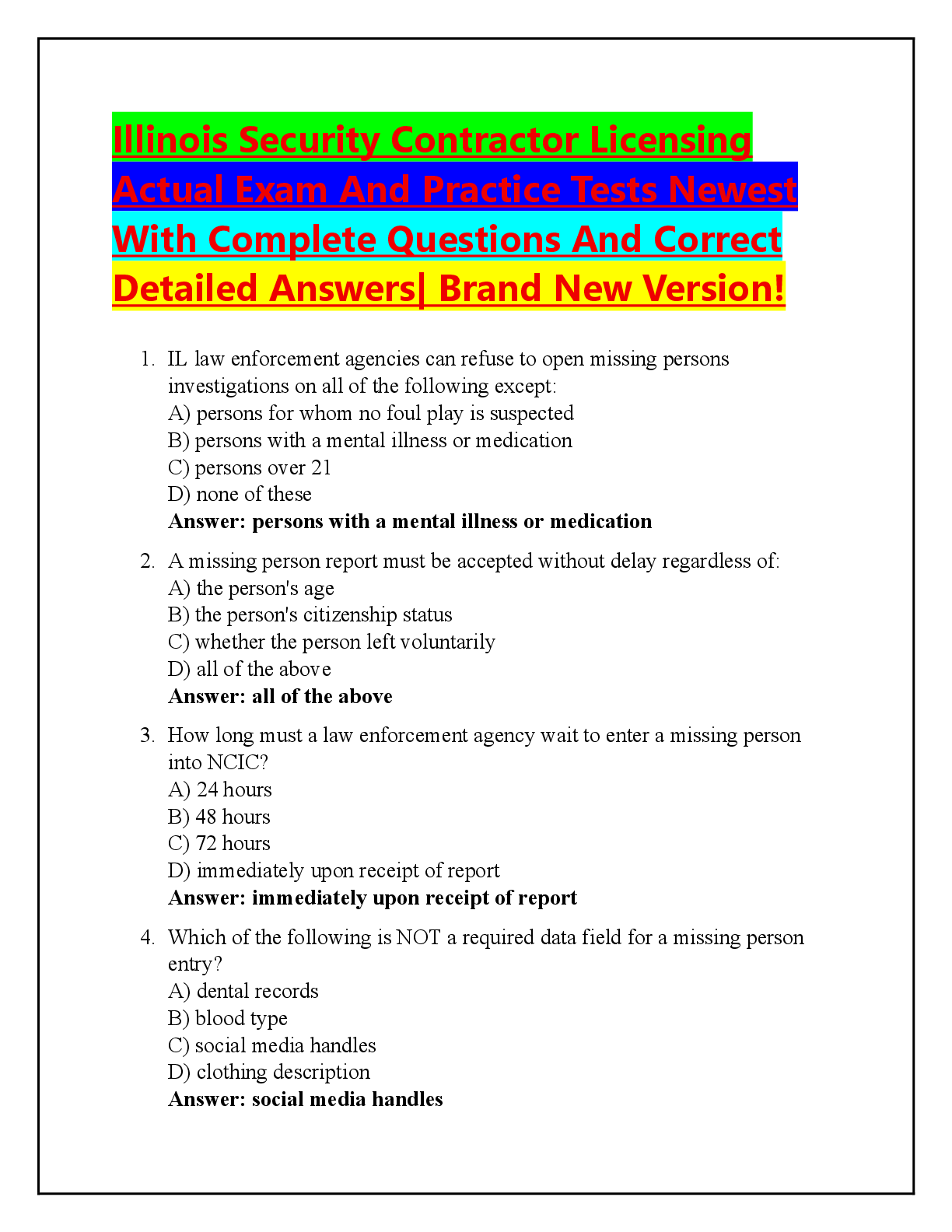 Preview of Illinois Security Contractor Licensing  Actual Exam And Practice Tests Newest  With Complete Questions And Correct  Detailed Answers| Brand New Version!