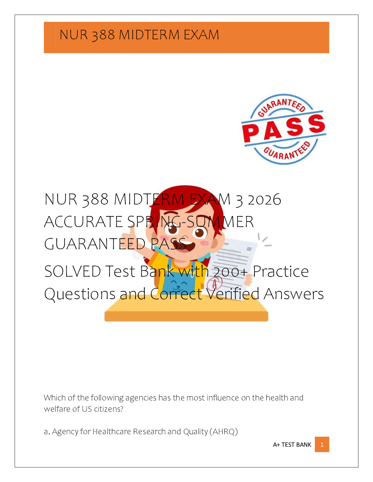 Recommended document preview for NUR 388 MIDTERM EXAM 3 2026  ACCURATE SPRING-SUMMER  GUARANTEED PASS   SOLVED Test Bank with 200+ Practice  Questions and Correct Verified Answers