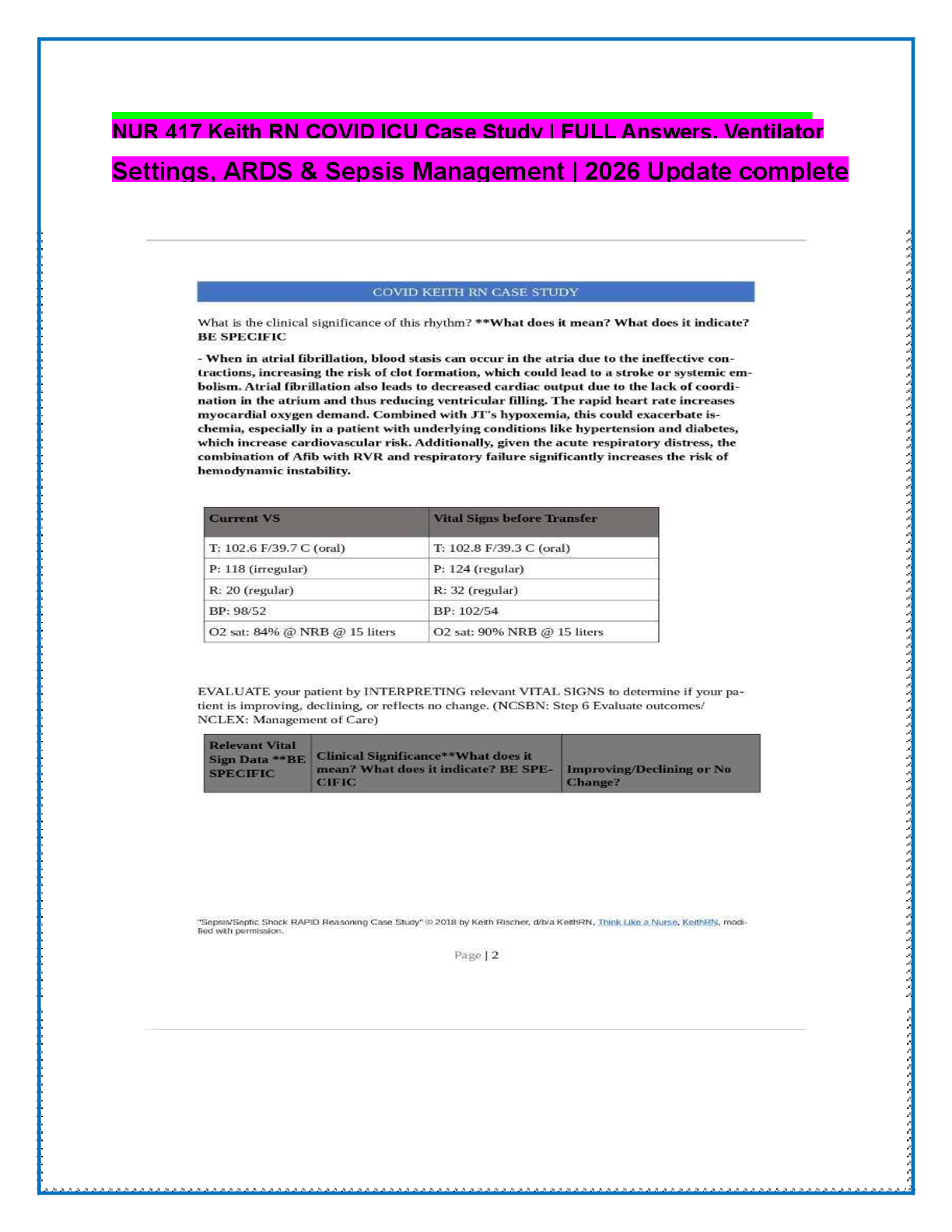 Preview of NUR 417 Keith RN COVID ICU Case Study | FULL Answers, Ventilator    Settings, ARDS & Sepsis Management | 2026 Update complete
