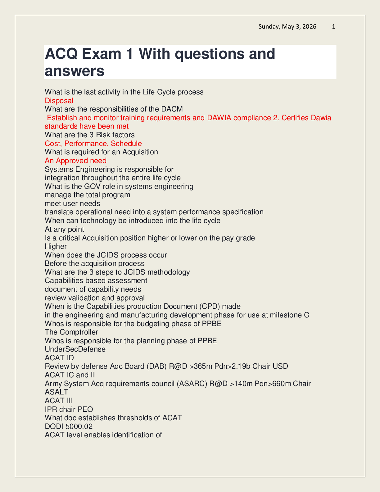 Recommended document preview for ACQ Exam 1 With questions and answers