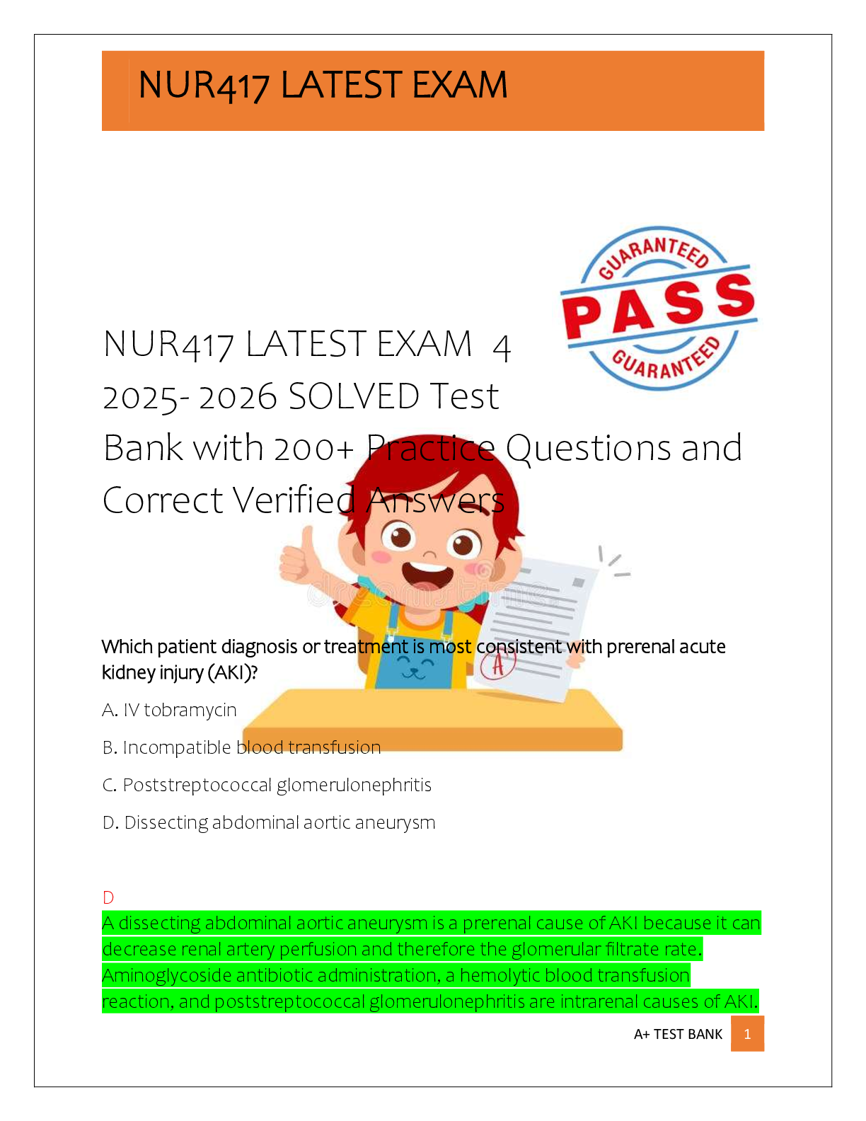 Recommended document preview for NUR417 LATEST EXAM  4  2025- 2026 SOLVED Test  Bank with 200+ Practice Questions and  Correct Verified Answers
