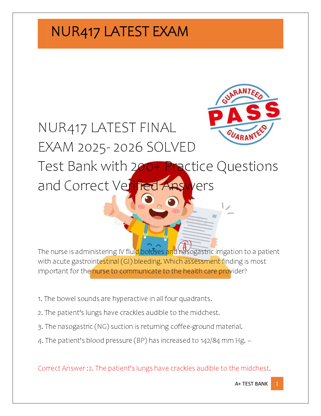 Recommended document preview for NUR417 LATEST FINAL  EXAM 2025- 2026 SOLVED  Test Bank with 200+ Practice Questions  and Correct Verified Answers