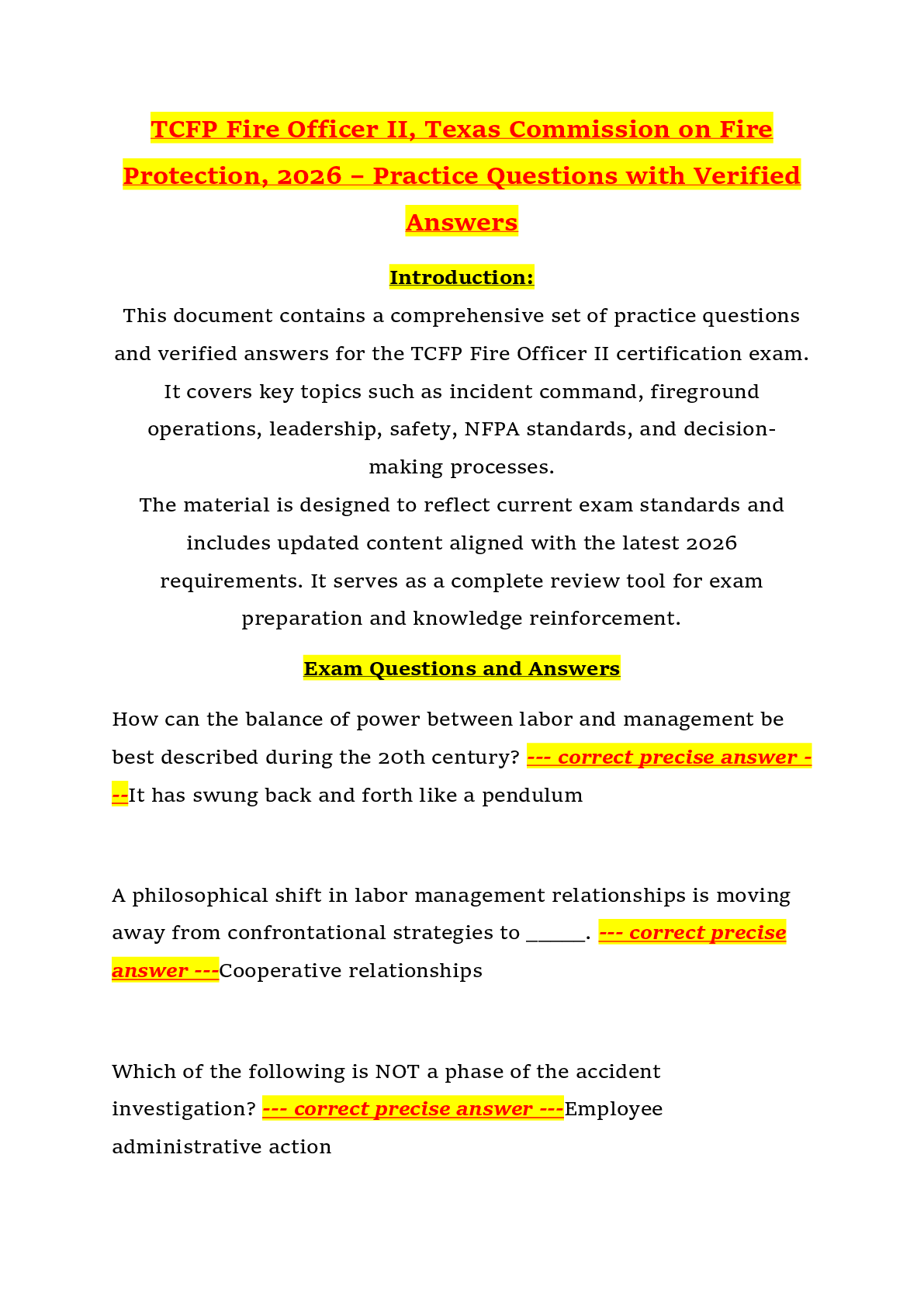 Recommended document preview for TCFP Fire Officer II, Texas Commission on Fire Protection, 2026 – Practice Questions with Verified Answers