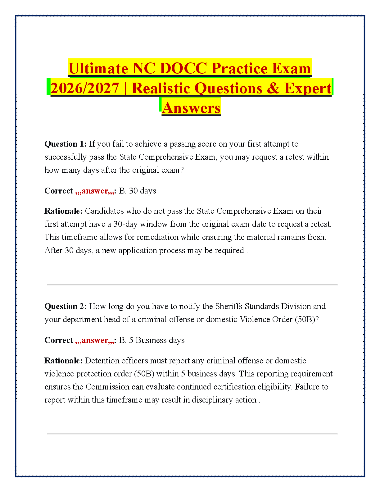 Preview image for Ultimate NC DOCC Practice Exam   2026/2027 | Realistic Questions & Expert  Answers