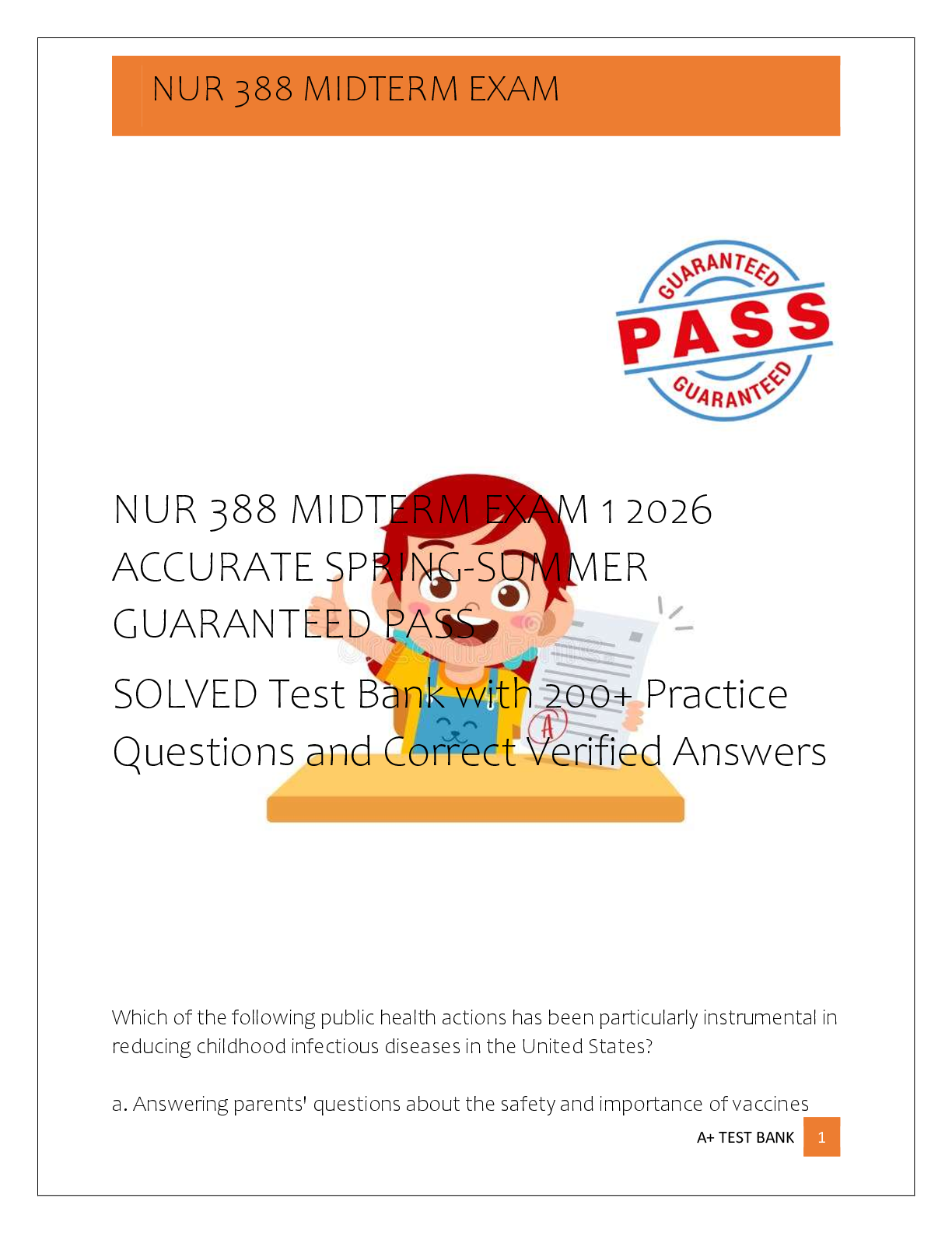 Recommended document preview for NUR 388 MIDTERM EXAM 1 2026  ACCURATE SPRING-SUMMER  GUARANTEED PASS   SOLVED Test Bank with 200+ Practice  Questions and Correct Verified Answers