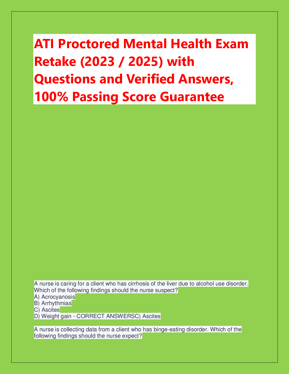 Preview of ATI Proctored Mental Health Exam  Retake (2023 / 2025) with  Questions and Verified Answer
