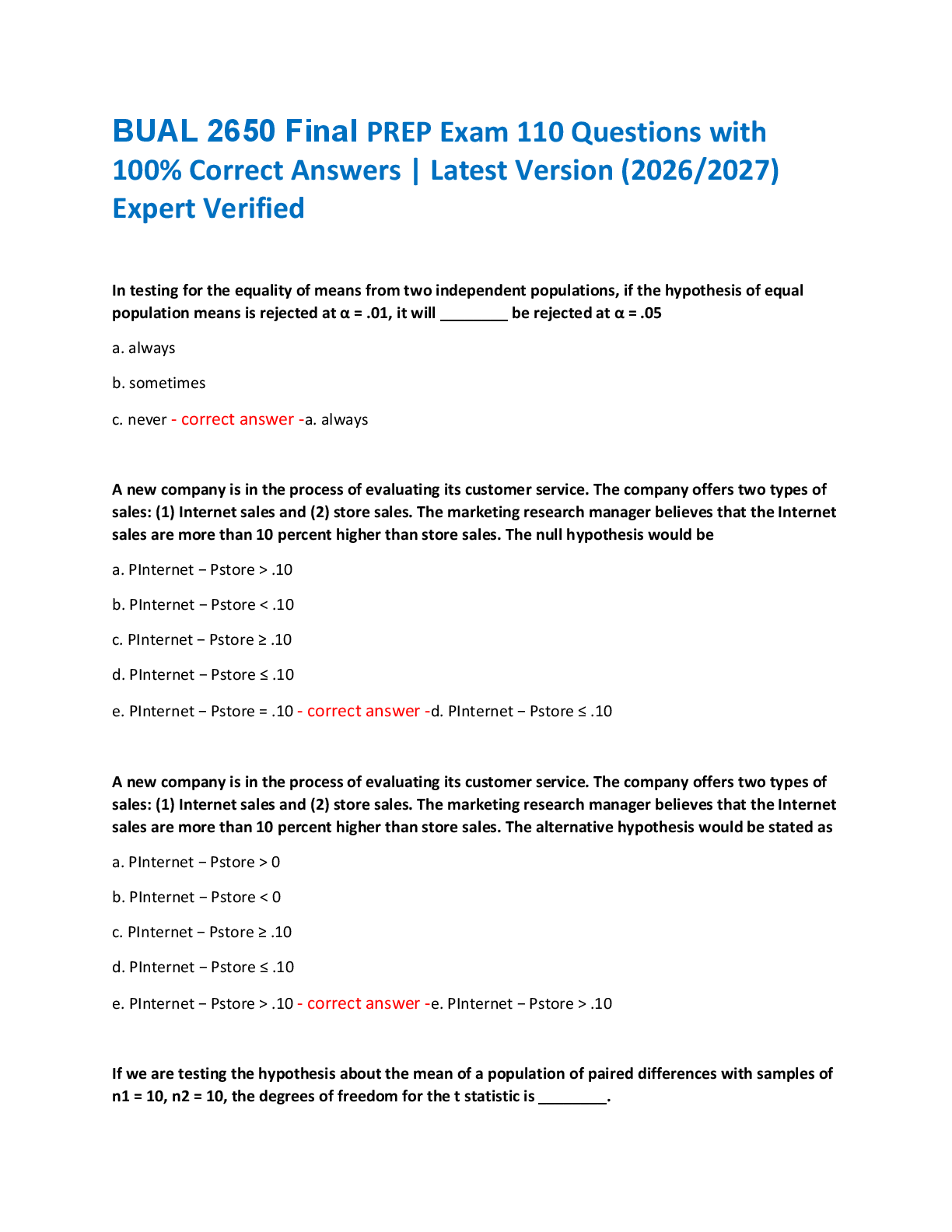 Recommended document preview for BUAL 2650 Final PREP Exam 110 Questions with  100% Correct Answers | Latest Version (2026/2027)  Expert Verified