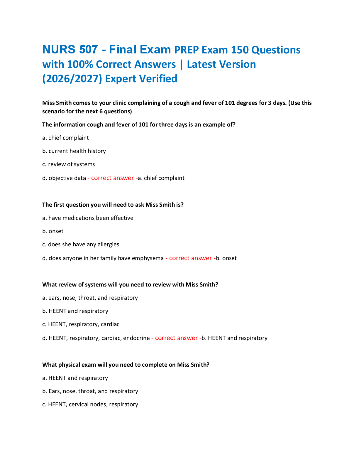 Recommended document preview for NURS 507 - Final Exam PREP Exam 150 Questions  with 100% Correct Answers | Latest Version  (2026/2027) Expert Verified