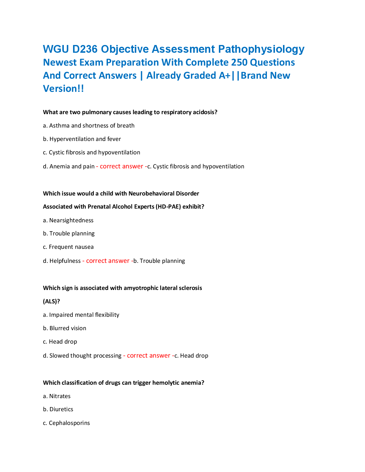 Recommended document preview for WGU D236 Objective Assessment Pathophysiology  Newest Exam Preparation With Complete 250 Questions  And Correct Answers | Already Graded A+||Brand New  Version!!