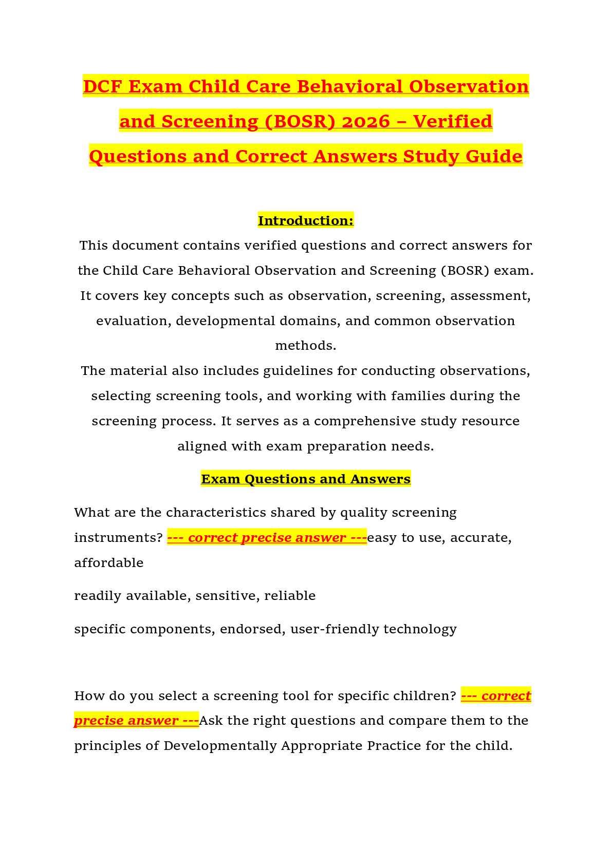 Recommended document preview for DCF Exam Child Care Behavioral Observation and Screening (BOSR) 2026 – Verified Questions and Correct Answers Study Guide