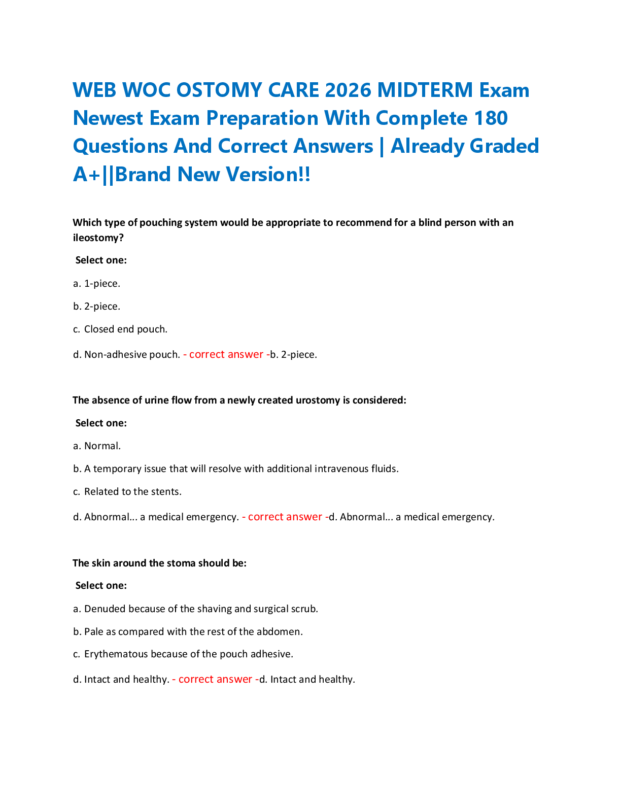 Recommended document preview for WEB WOC OSTOMY CARE 2026 MIDTERM Exam   Newest Exam Preparation With Complete 180  Questions And Correct Answers | Already Graded  A+||Brand New Version!!