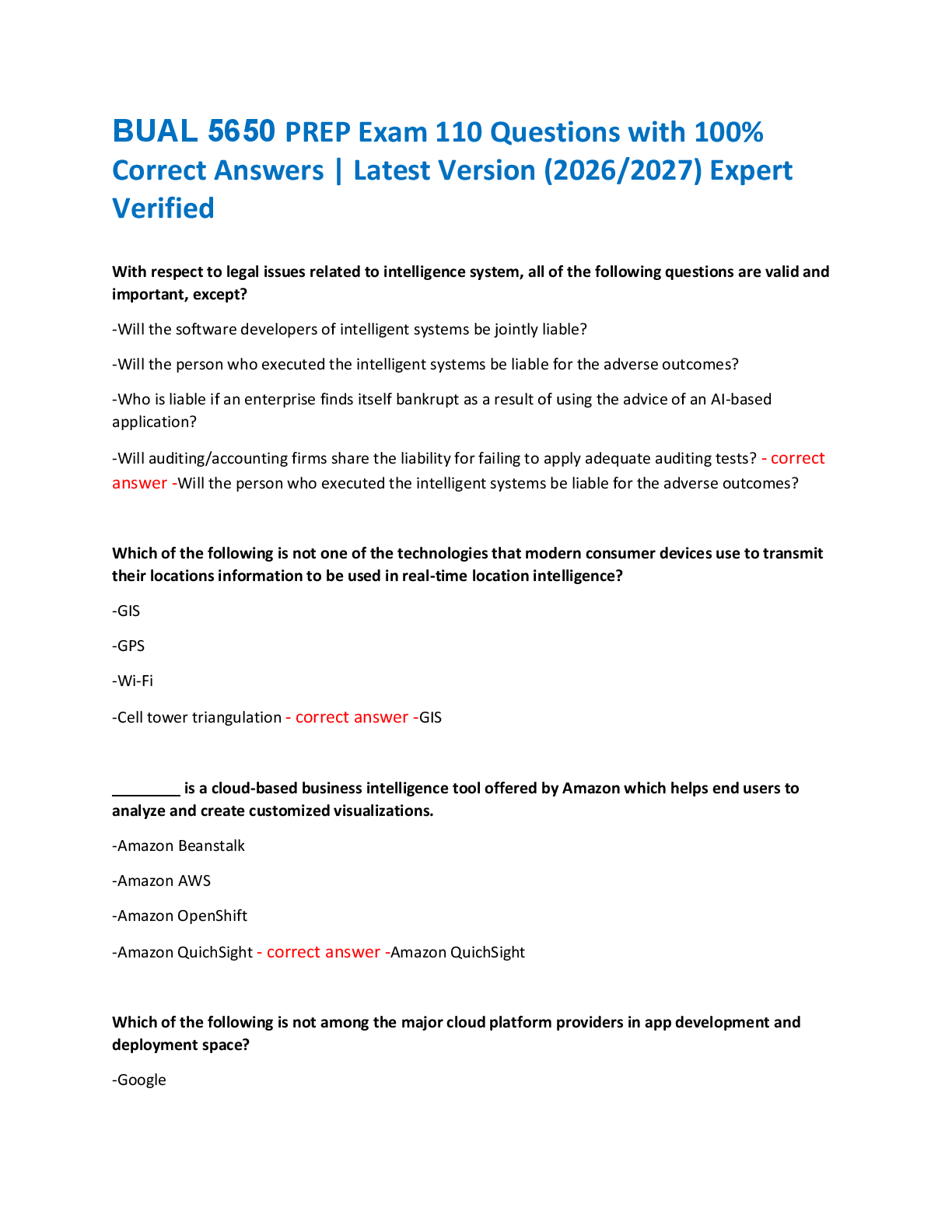 Recommended document preview for BUAL 5650 PREP Exam 110 Questions with 100%  Correct Answers | Latest Version (2026/2027) Expert  Verified