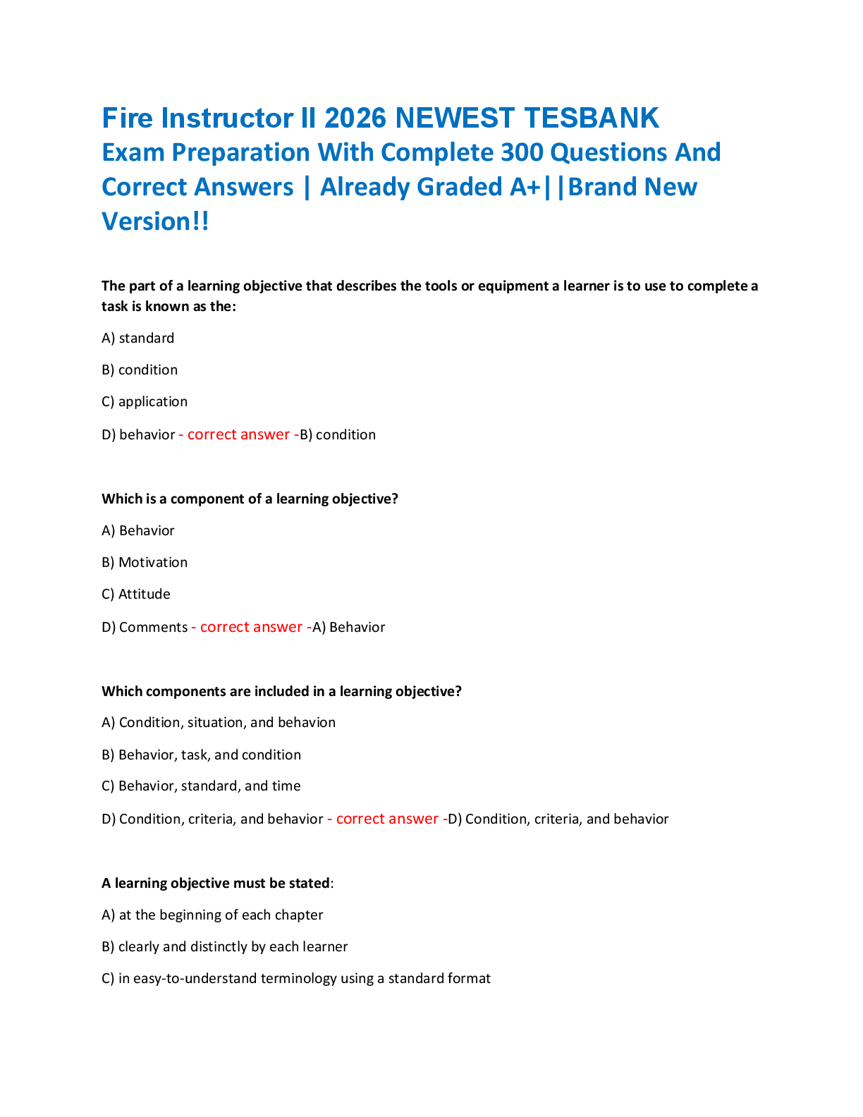 Fire Instructor II 2026 NEWEST TESBANK  Exam Preparation With Complete 300 Questions And  Correct Answers | Already Graded A+||Brand New  Version!!