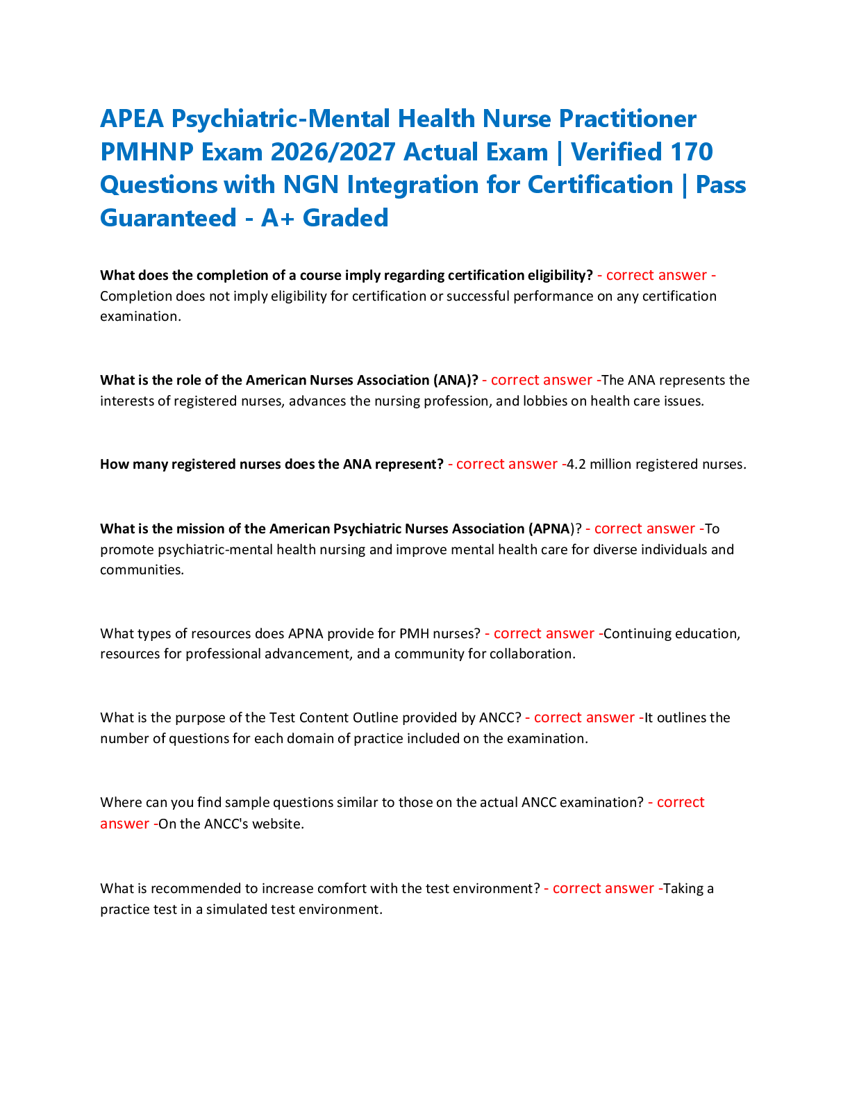 APEA Psychiatric-Mental Health Nurse Practitioner  PMHNP Exam 2026/2027 Actual Exam | Verified 170  Questions with NGN Integration for Certification | Pass  Guaranteed - A+ Graded