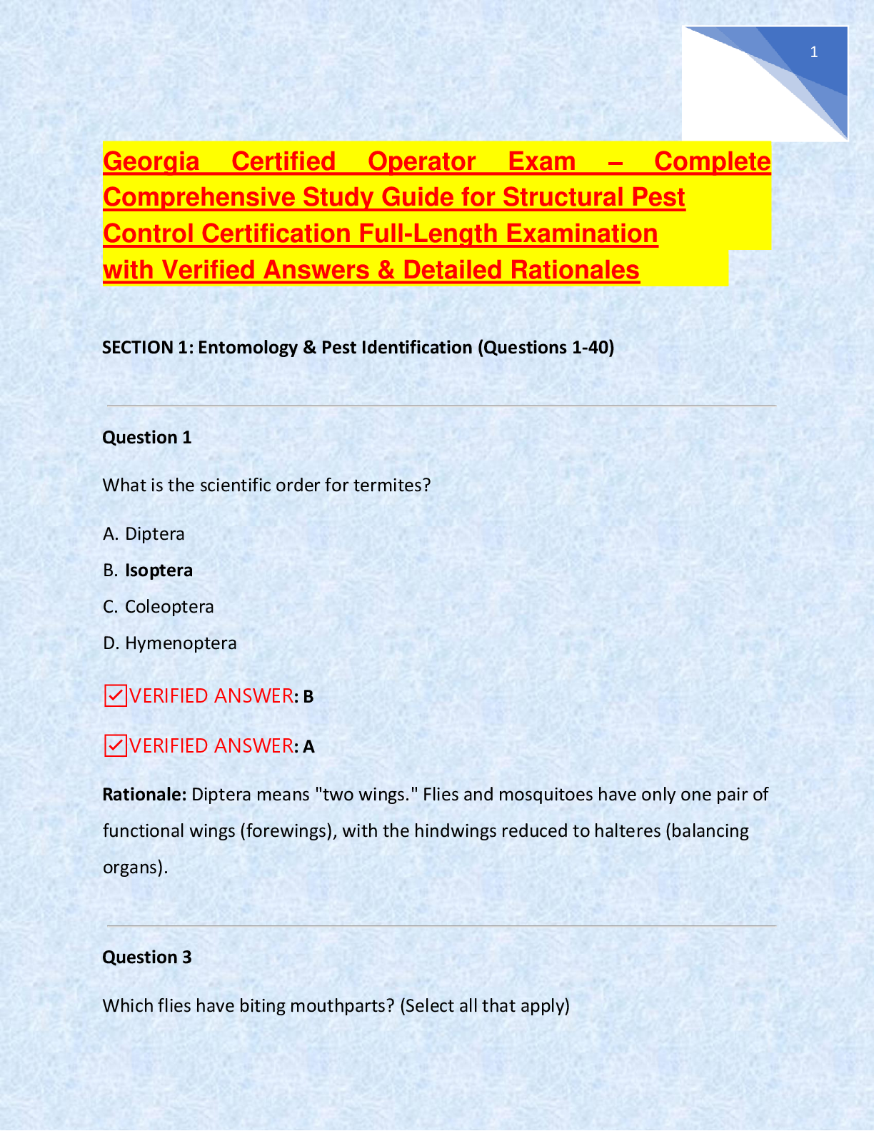 Preview of Georgia Certified Operator Exam – Complete  Comprehensive Study Guide for Structural Pest  Control Certification Full-Length Examination  with Verified Answers & Detailed Rationales
