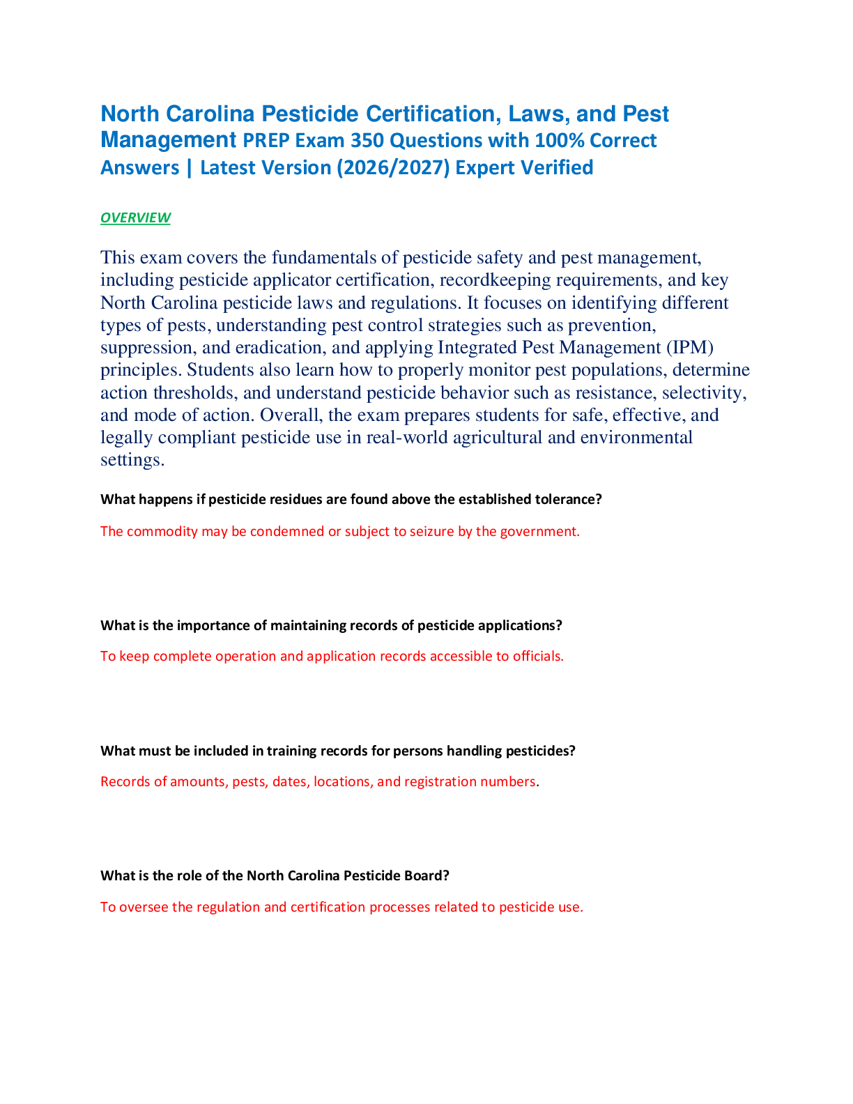 Recommended document preview for North Carolina Pesticide Certification, Laws, and Pest  Management PREP Exam 350 Questions with 100% Correct  Answers | Latest Version (2026/2027) Expert Verified