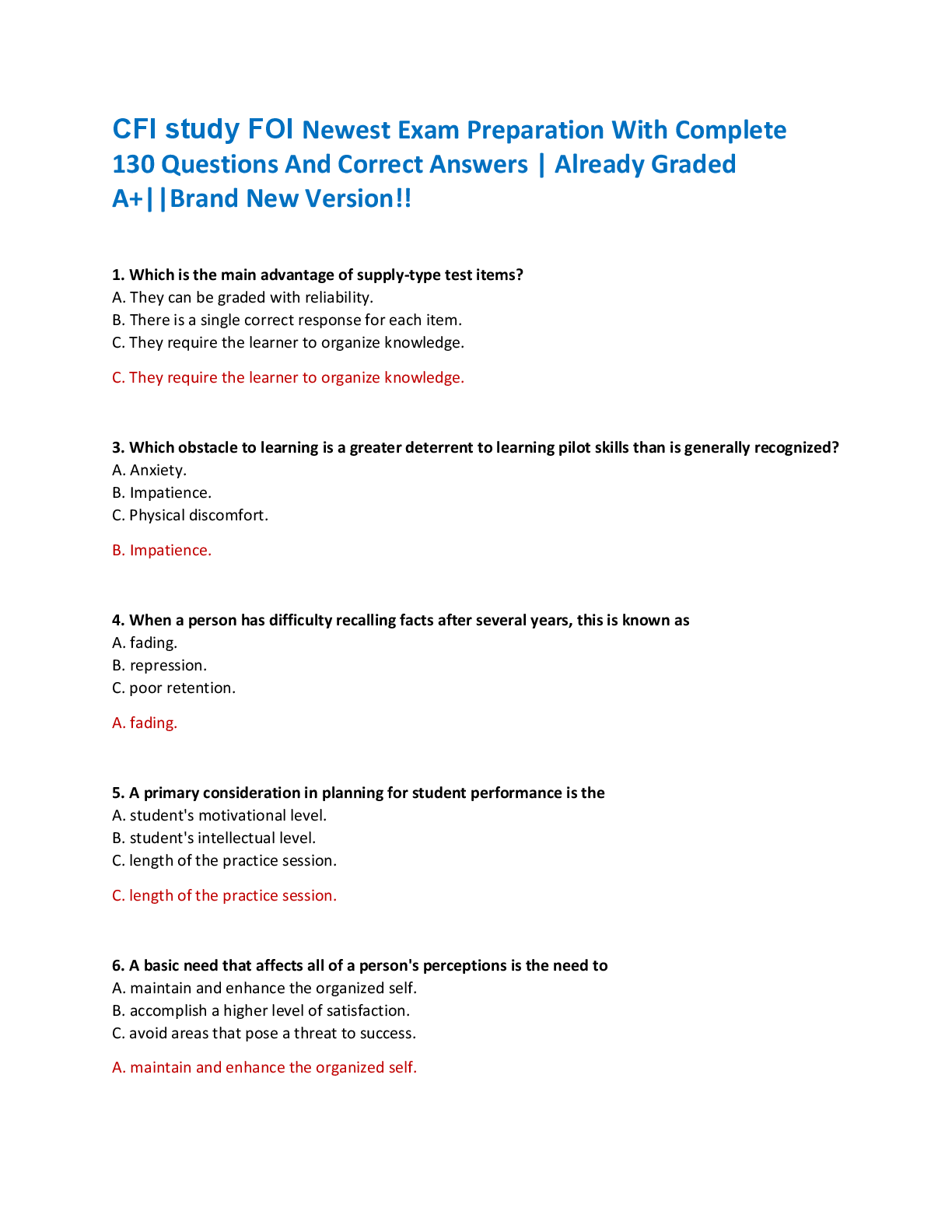 Recommended document preview for CFI study FOI Newest Exam Preparation With Complete  130 Questions And Correct Answers | Already Graded  A+||Brand New Version!!