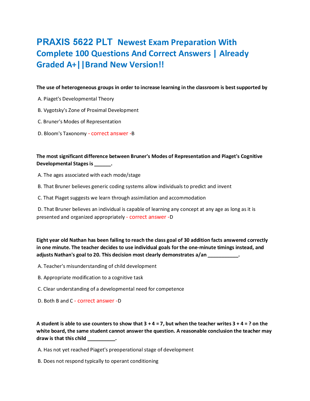 PRAXIS 5622 PLT  Newest Exam Preparation With  Complete 100 Questions And Correct Answers | Already  Graded A+||Brand New Version!!