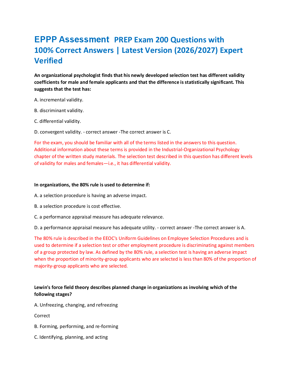 EPPP Assessment  PREP Exam 200 Questions with  100% Correct Answers | Latest Version (2026/2027) Expert  Verified