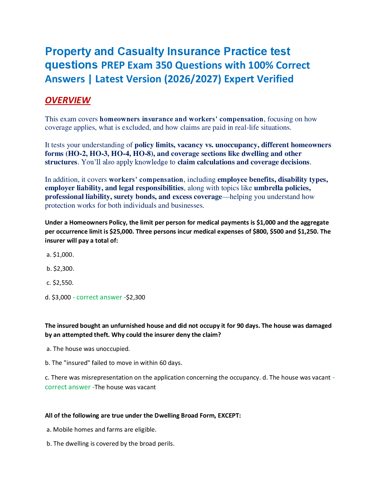 Property and Casualty Insurance Practice test  questions PREP Exam 350 Questions with 100% Correct  Answers | Latest Version (2026/2027) Expert Verified