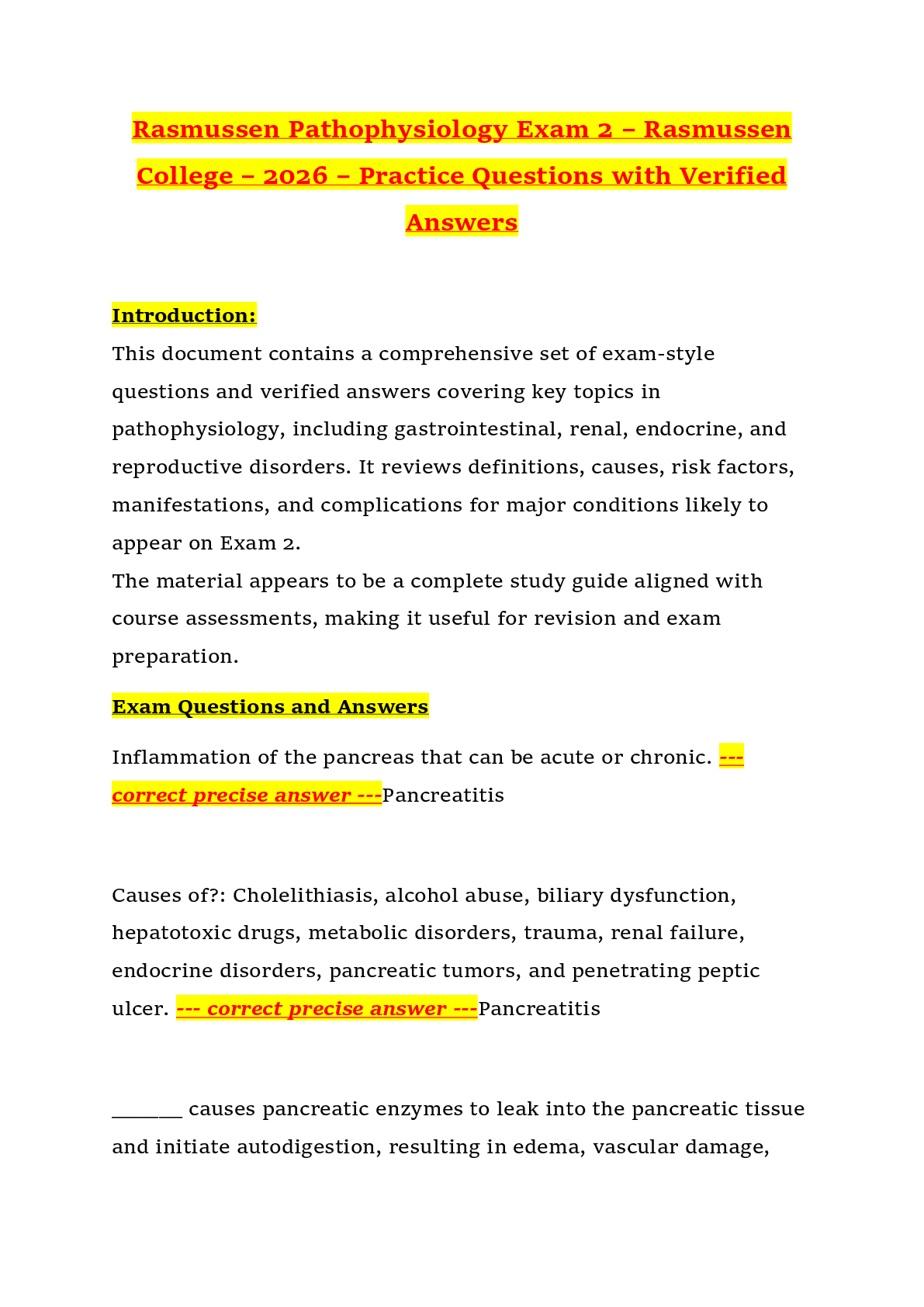 Recommended document preview for Rasmussen Pathophysiology Exam 2 – Rasmussen College – 2026 – Practice Questions with Verified Answers