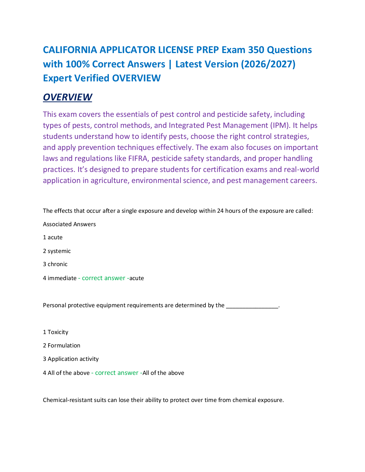Recommended document preview for CALIFORNIA APPLICATOR LICENSE PREP Exam 350 Questions  with 100% Correct Answers | Latest Version (2026/2027)  Expert Verified OVERVIEW