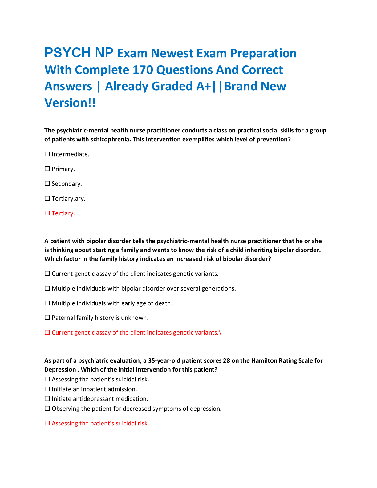 Recommended document preview for PSYCH NP Exam Newest Exam Preparation  With Complete 170 Questions And Correct  Answers | Already Graded A+||Brand New  Version!!